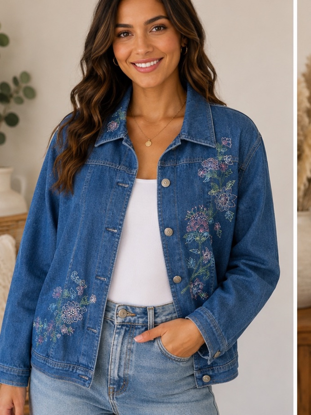 Alfred Dunner Blue Denim Jacket with Floral Embroidery